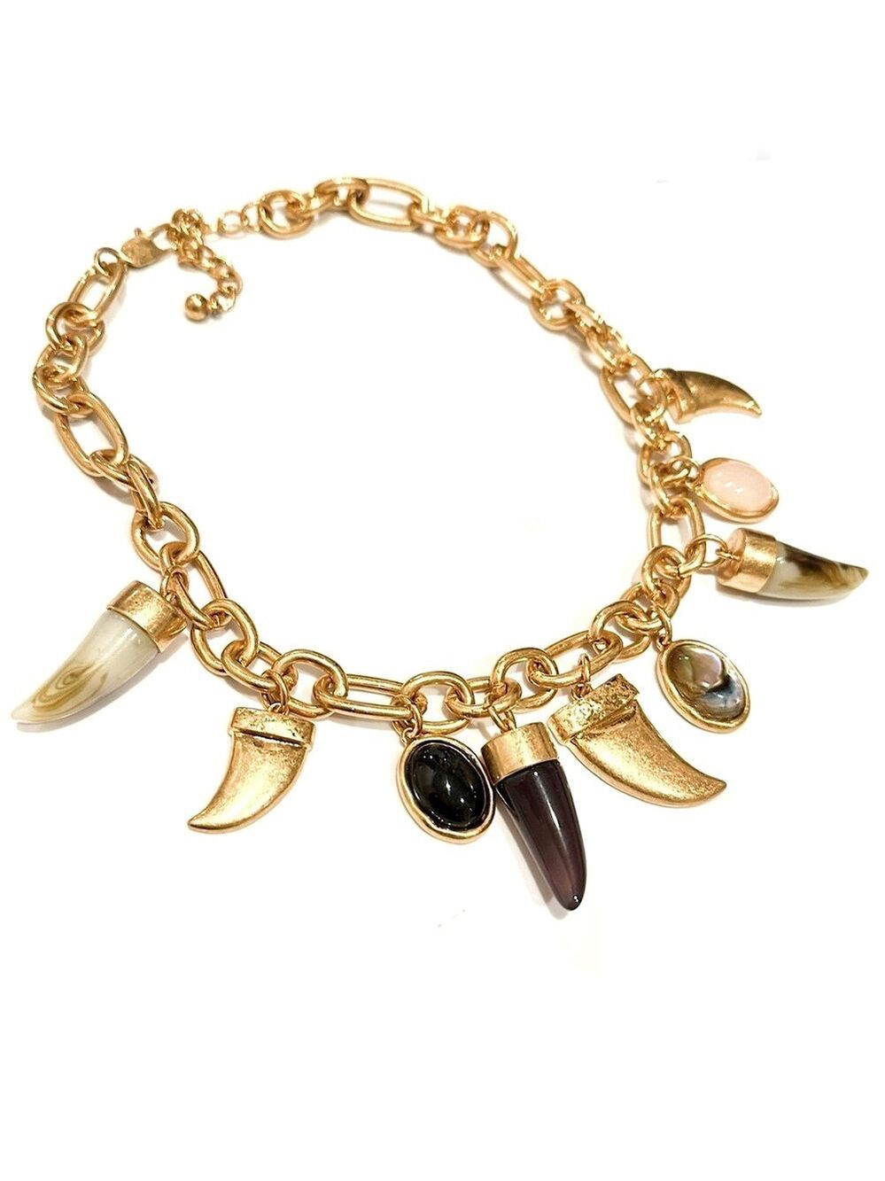 ZARA | Golden Tortoise Horn w Gemstone Lucky Charm Chunky Necklace | NWOT - Picture 2 of 6